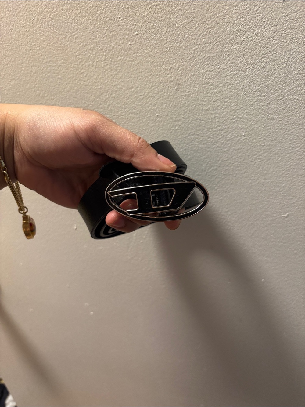 Diesel Black Leather Belt with Silver Oval Logo Buckle